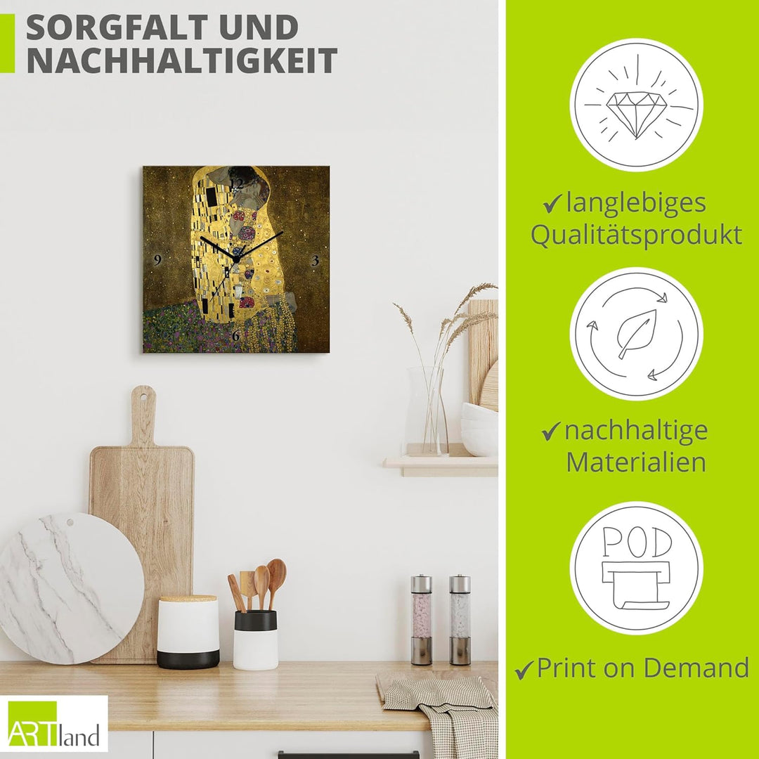 ARTLAND Wanduhr ohne Tickgeräusche Leinwand Quarzuhr 30x30 cm Quadratisch Lautlos Gustav Klimt Der K