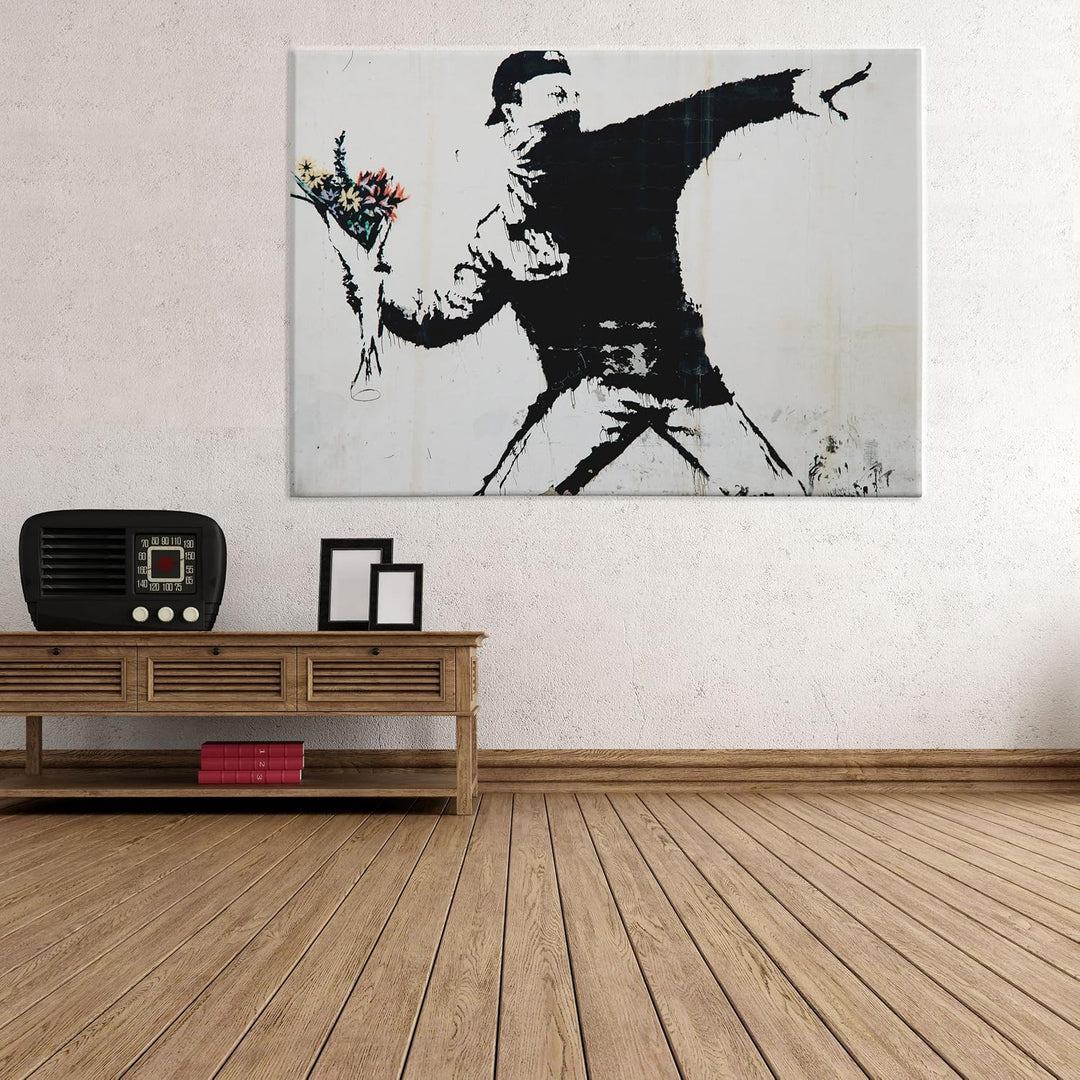 Bild auf Leinwand, gerahmt, fertig zum Aufhängen, Banksy – Kunst Street Art – Blumenleser, 50 x 70 c