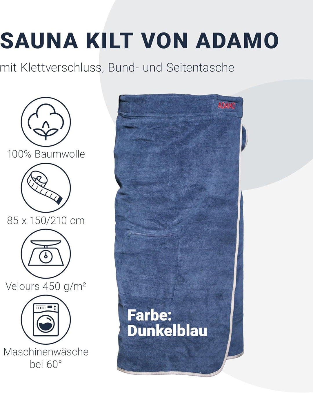 ADAMO XXL-Sauna Kilt für Damen in Übergrössen mit Klettverschluss Navy 85 x 210 cm, Navy 85 x 210 cm