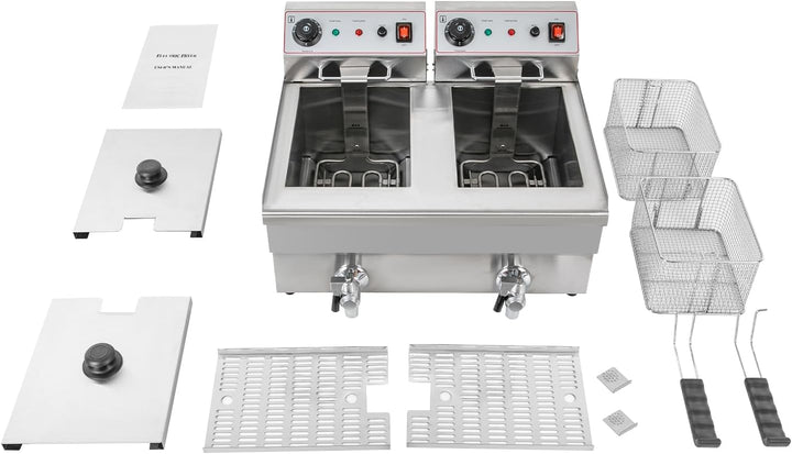 Elektrische Friteuse Gewerbliche, 6000W Küchenbratmaschine 2 * 10 L Körben, Einstellbare Temperatur