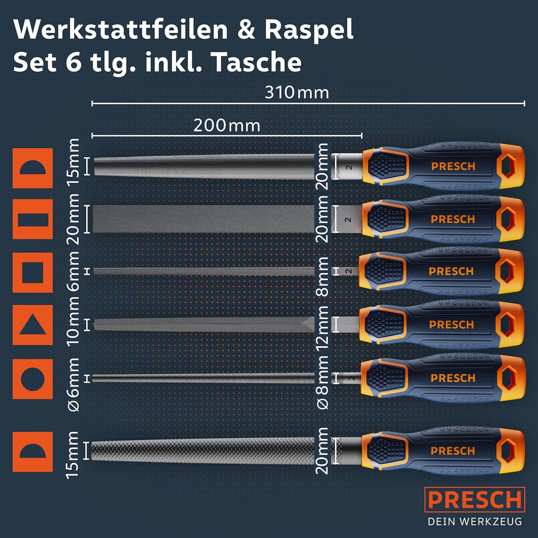 Presch Feilenset Metall und Holz 6tlg. inkl Rolltasche - Hochwertiges Profi Feilen Set mit Hieb 2 in