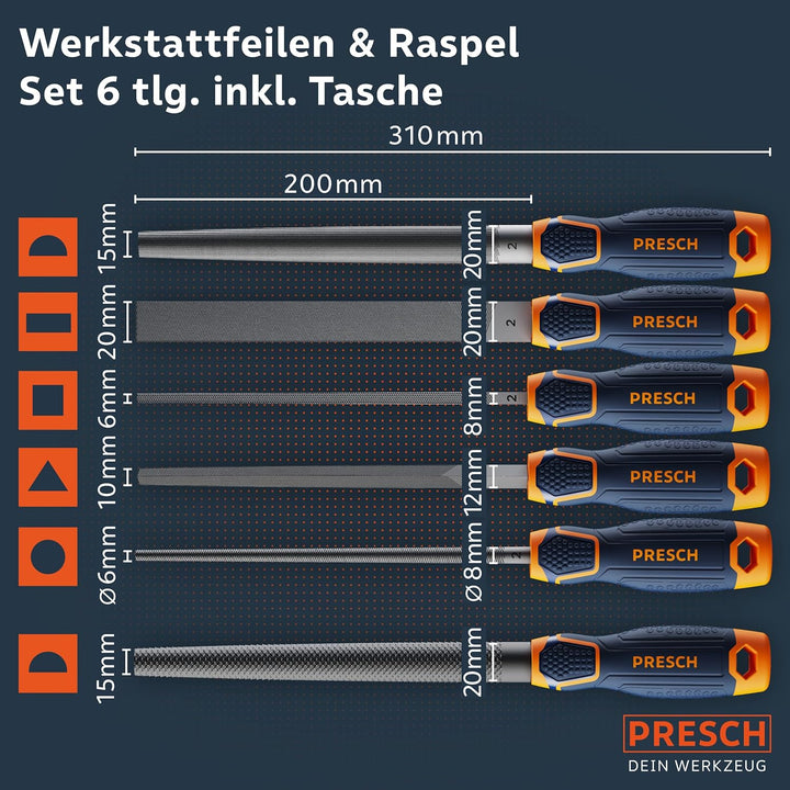 Presch Feilenset Metall und Holz 6tlg. inkl Rolltasche - Hochwertiges Profi Feilen Set mit Hieb 2 in