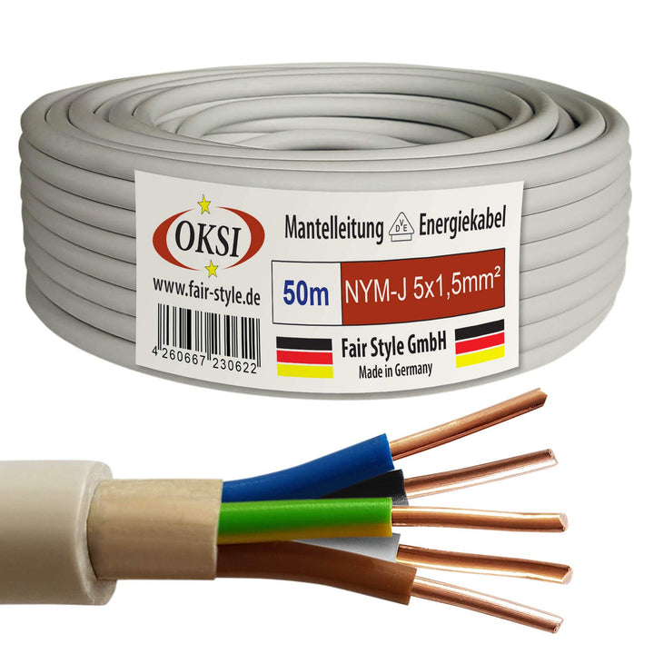 OKSI 50m NYM-J 5x1,5 mm² Mantelleitung Feuchtraumkabel Elektrokabel Kupfer Made in Germany, 50m NYM-