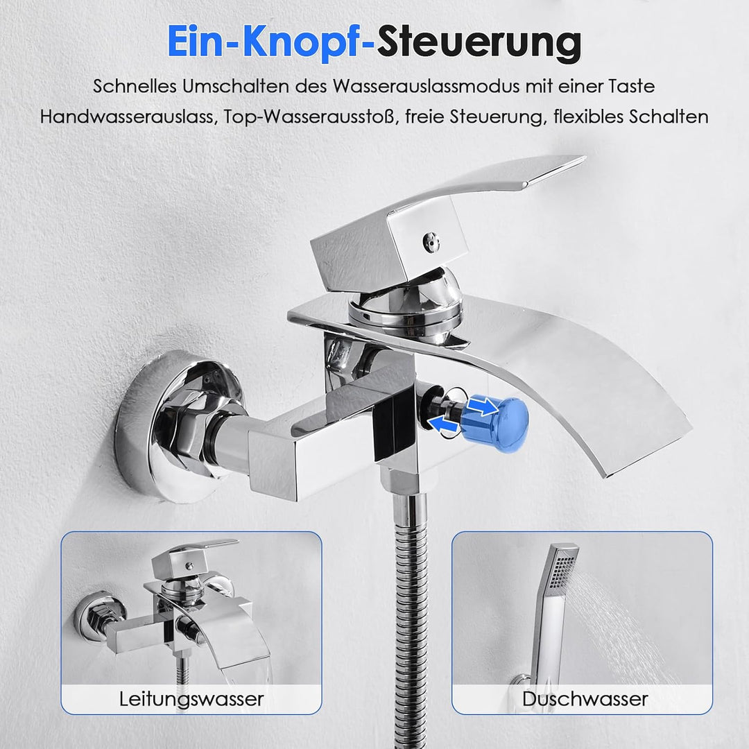 ROVOGO Badewannenarmatur Wasserfall mit Handbrause, Aufputz Einhandmischer Wannenarmatur mit Messing