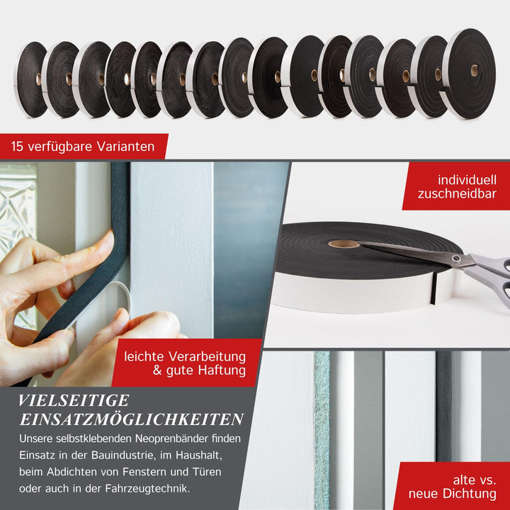 Dichtungsband selbstklebend, 38mm breit, 6mm stark, 10,7m lang, Dichtband aus Schaumstoff, Moosgummi