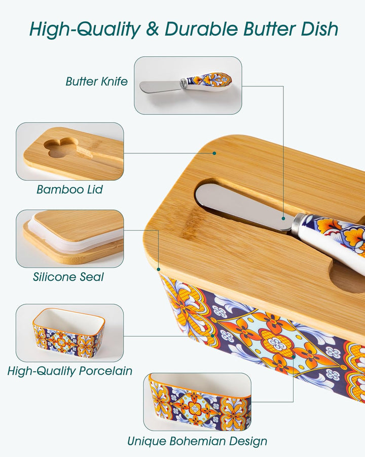 vancasso SIMI Butterdose Keramik, Hochwertige Butterglocke mit Messer und Holzdeckel, Butterdose Por