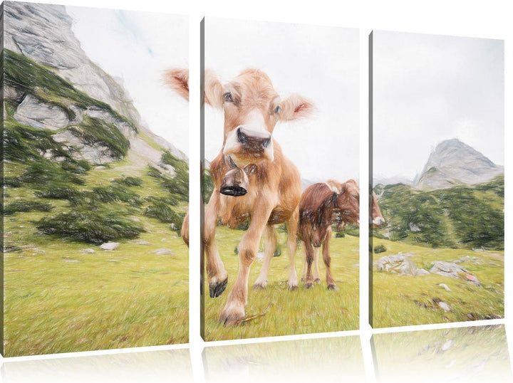 Pixxprint Almkuh auf der Weide als Leinwandbild/Grösse: 3 Teilig (120x80 cm) cm/Wandbild/Kunstdruck/