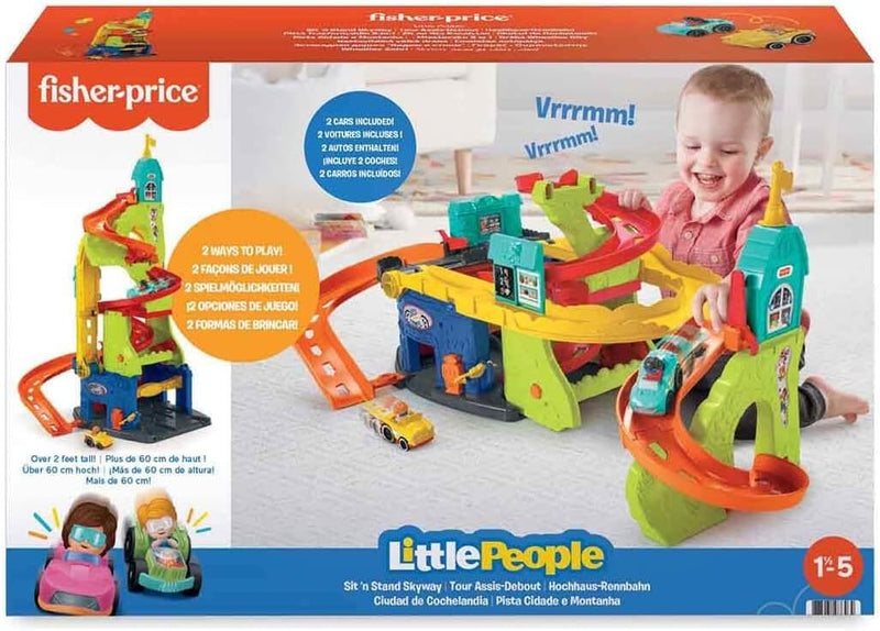 Fisher-Price HBD77 - Little People Sitz & Steh Hochhausrennbahn – 2-in-1-Spielset und Fahrzeug, Auto