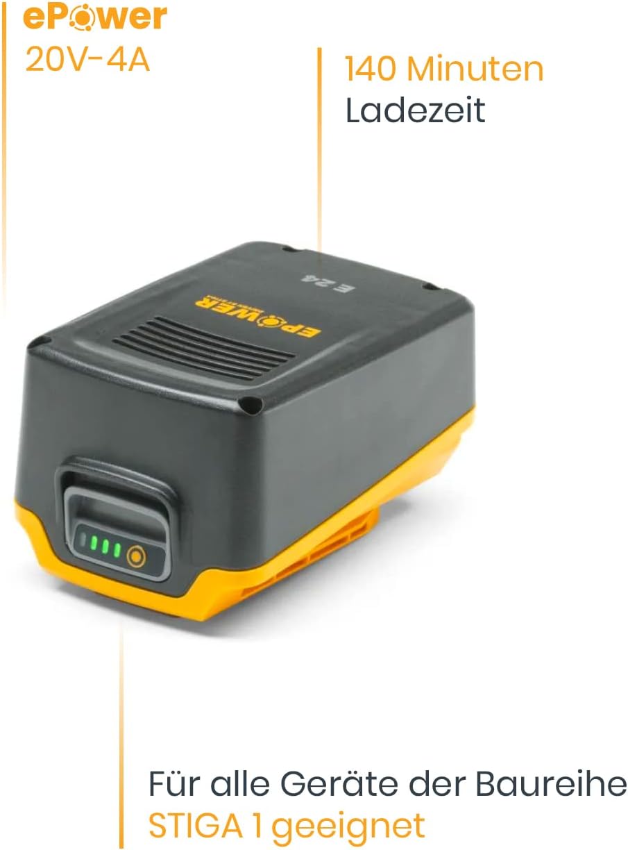Stiga ePower E 24 20 V Akku, Kapazität 4 Ah, kompatibel mit allen Stiga-Geräten und -Rasenmähern der