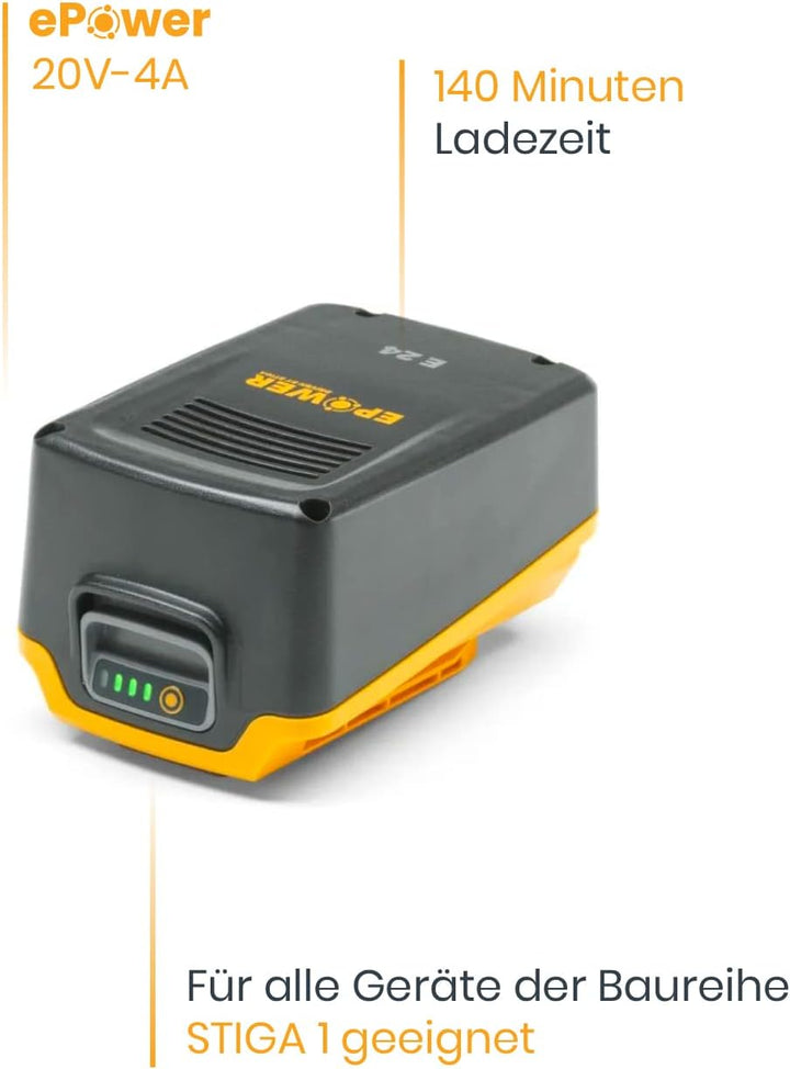 Stiga ePower E 24 20 V Akku, Kapazität 4 Ah, kompatibel mit allen Stiga-Geräten und -Rasenmähern der