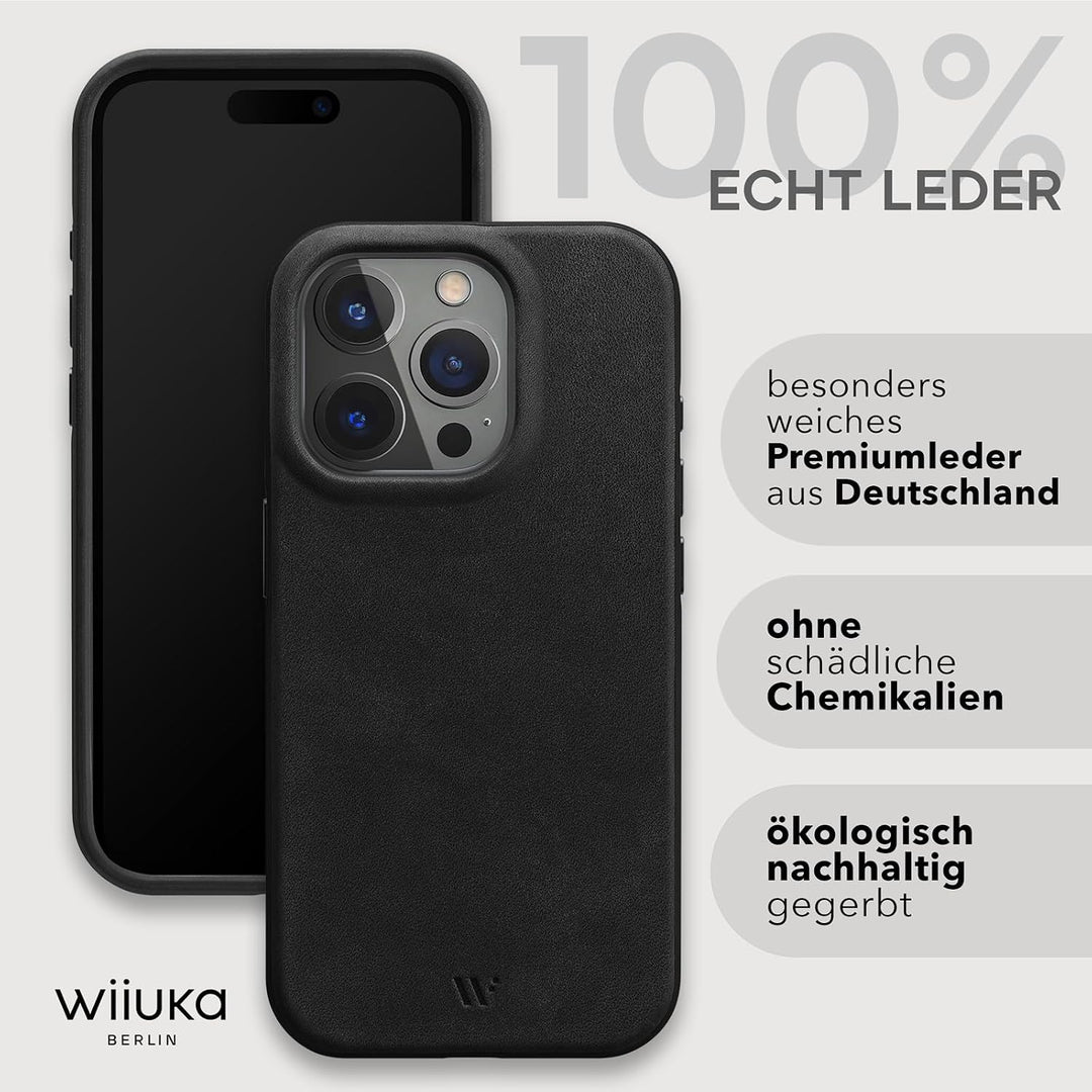 WIIUKA Hülle für iPhone 15 Pro, Leder aus Deutschland, Lederhülle extra Dünn, Premium Handyhülle, Ca