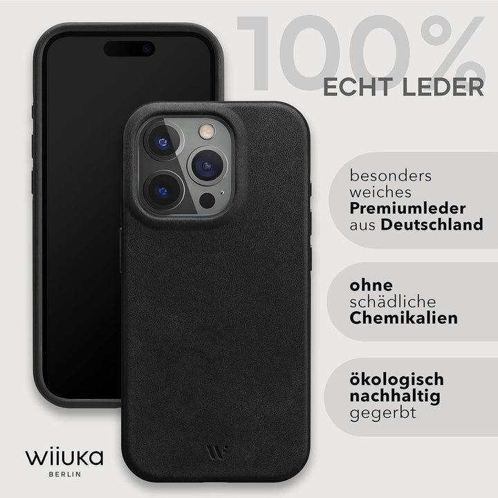 WIIUKA Hülle für iPhone 15 Pro, Leder aus Deutschland, Lederhülle extra Dünn, Premium Handyhülle, Ca