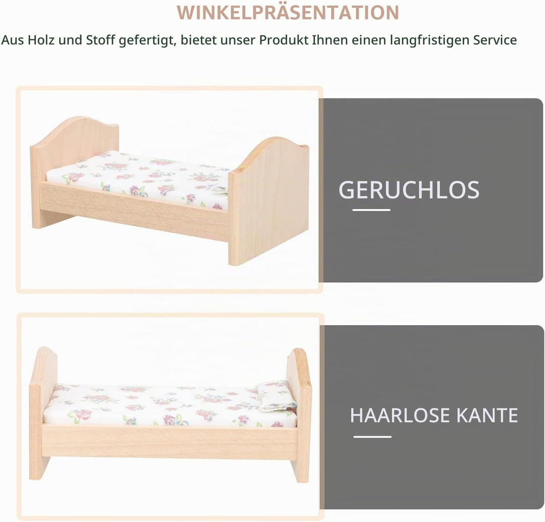 Abaodam Mini Hausmöbel Puppenbett Holz 1:12 Miniaturbett Mit Baumwollbettwäsche Und Kissen Spielzeug