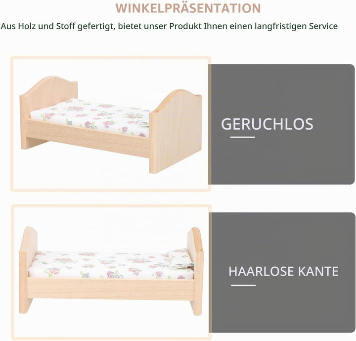 Abaodam Mini Hausmöbel Puppenbett Holz 1:12 Miniaturbett Mit Baumwollbettwäsche Und Kissen Spielzeug