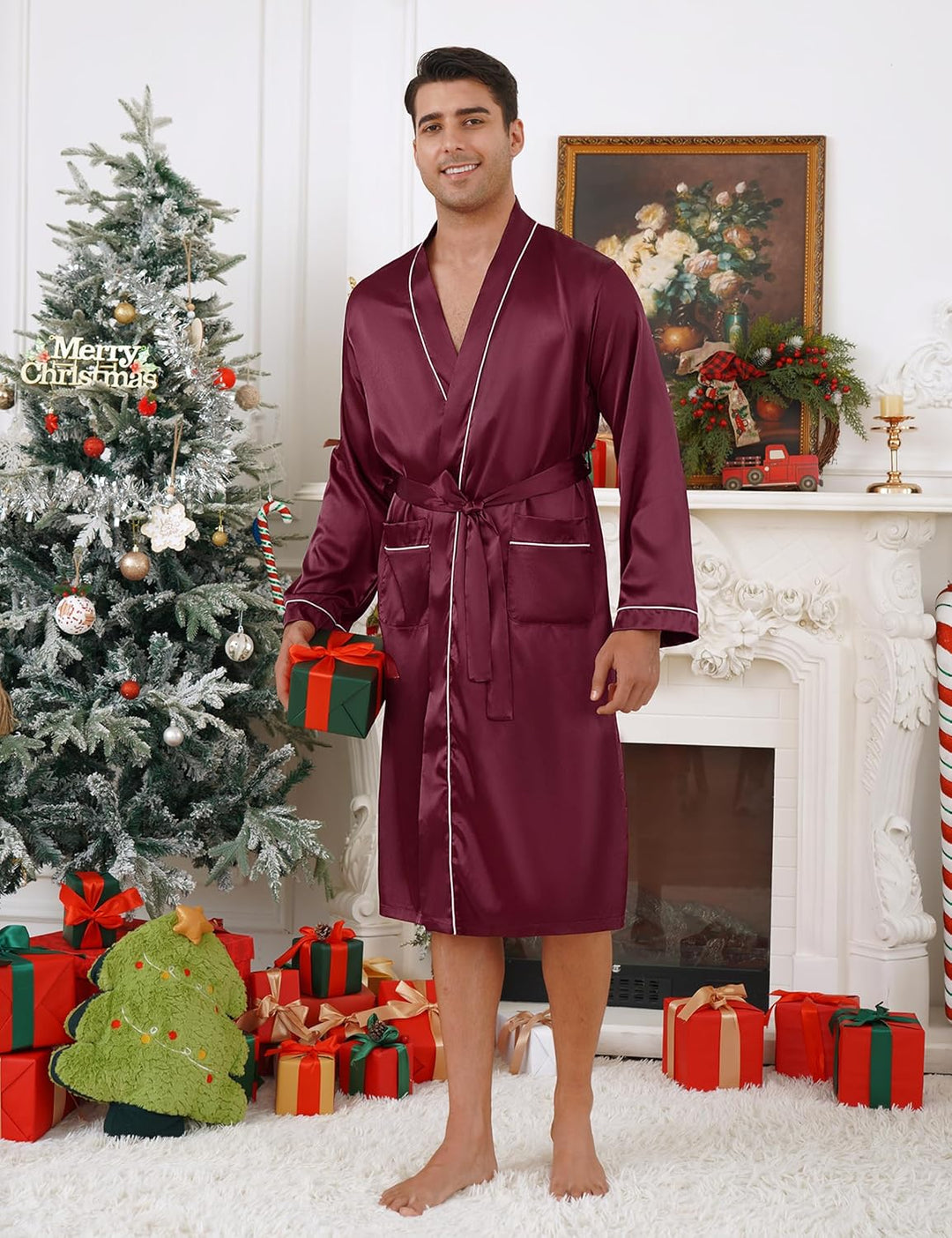 Bresdk Morgenmantel Herren Satin Kimono Robe Lang Leichter Bademantel für Männer XL Rot M885, XL Rot
