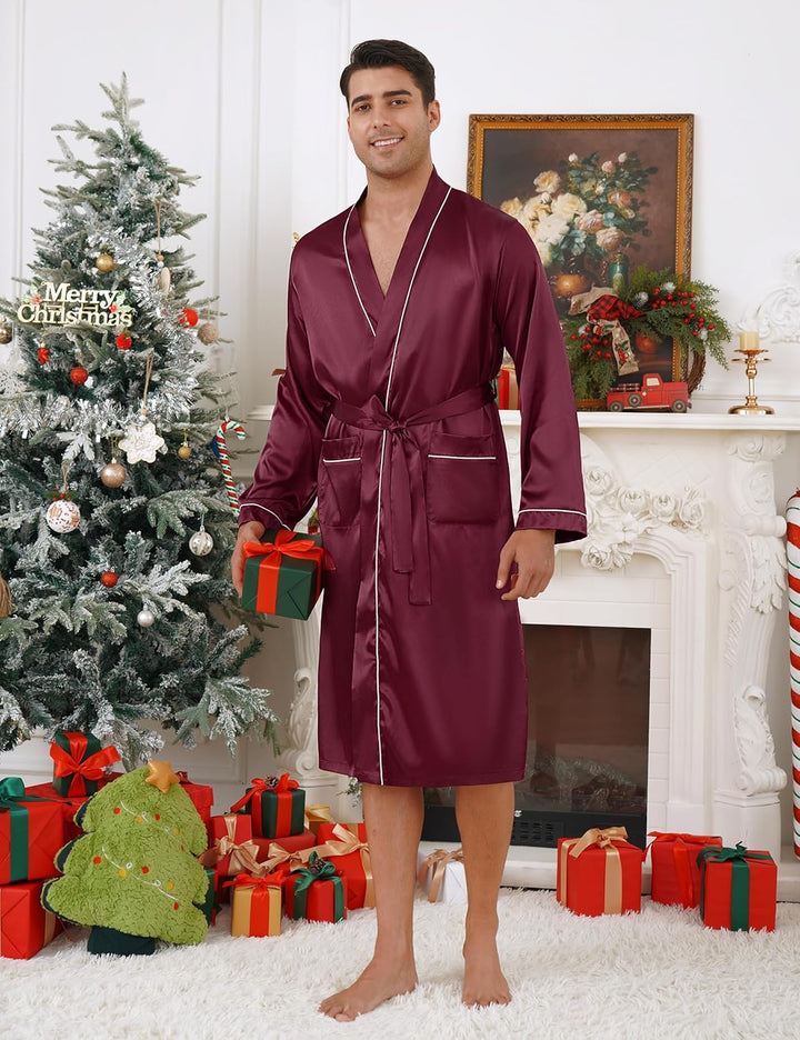 Bresdk Morgenmantel Herren Satin Kimono Robe Lang Leichter Bademantel für Männer S Rot M885, S Rot M