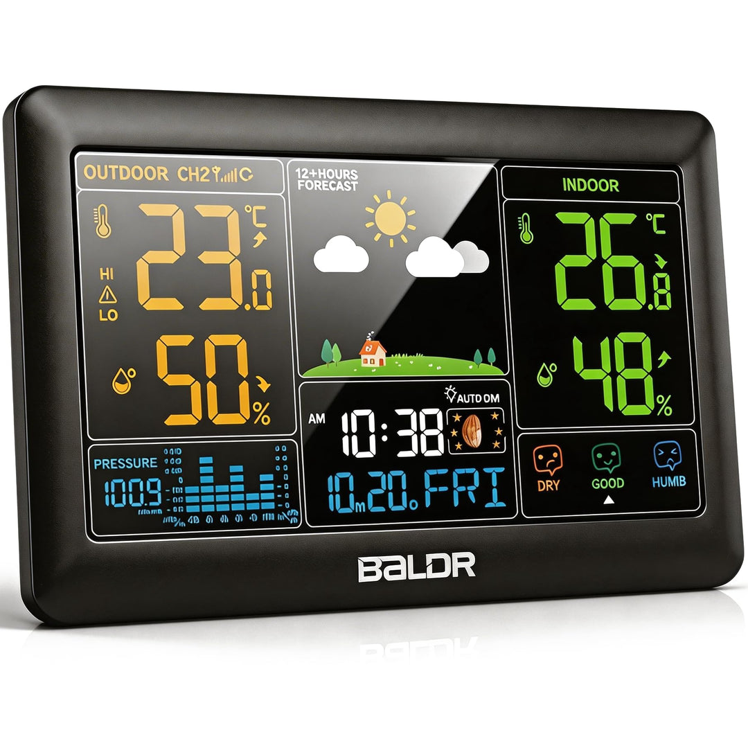 Konsen Wetterstation funk mit Aussensensor DCF Funkuhr, Grosses Farbdisplay mit Innen und Aussentemp