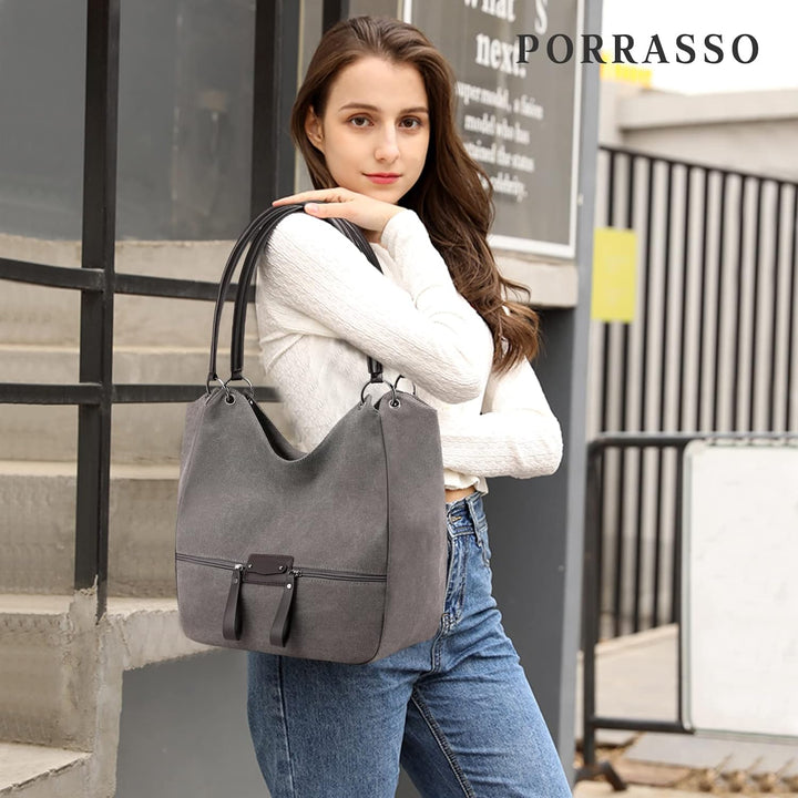 PORRASSO Canvas Hobo Taschen Damen Handtasche Casual Schultertasche Fraue Shopper Tote Henkeltasche