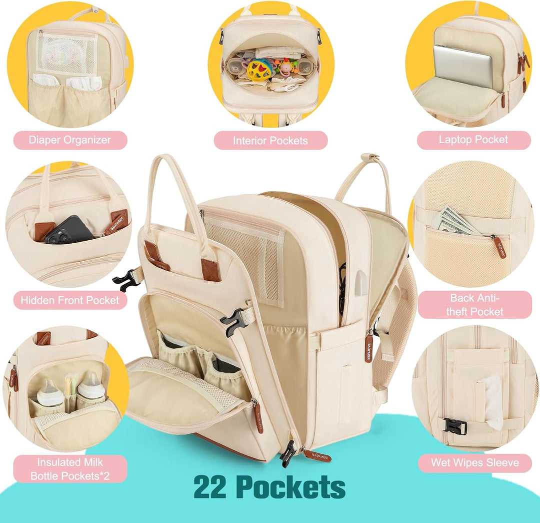 BAGPARKK Wickeltaschen-Rucksack, wasserdichte Wickeltasche mit USB-Ladeanschluss, multifunktionaler