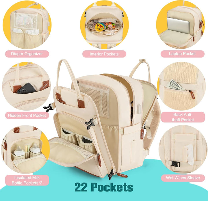 BAGPARKK Wickeltaschen-Rucksack, wasserdichte Wickeltasche mit USB-Ladeanschluss, multifunktionaler
