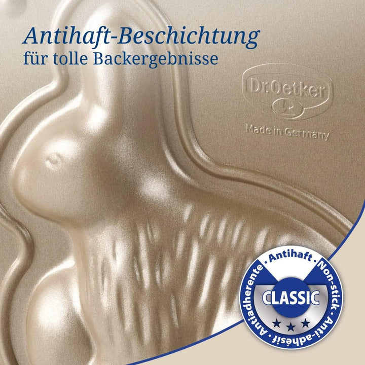 Dr. Oetker Backform Hase zu Ostern – 600 ml Füllvolumen – 3D Kuchenform in Gold mit Antihaftbeschich