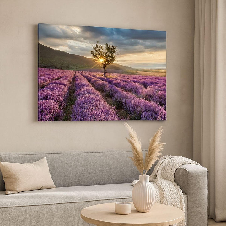 Bilder auf Leinwand 100x70cm Leinwandbild mit Rahmen Lavendel Berge Feld Gross Wanddeko Bild Schlafz