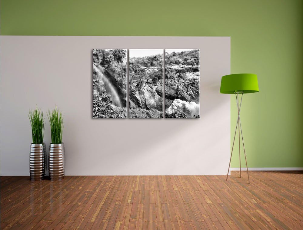 Pixxprint Monocrome, Regenbogen über Wasserfall 3-Teiler Leinwandbild 120x80 Bild auf Leinwand