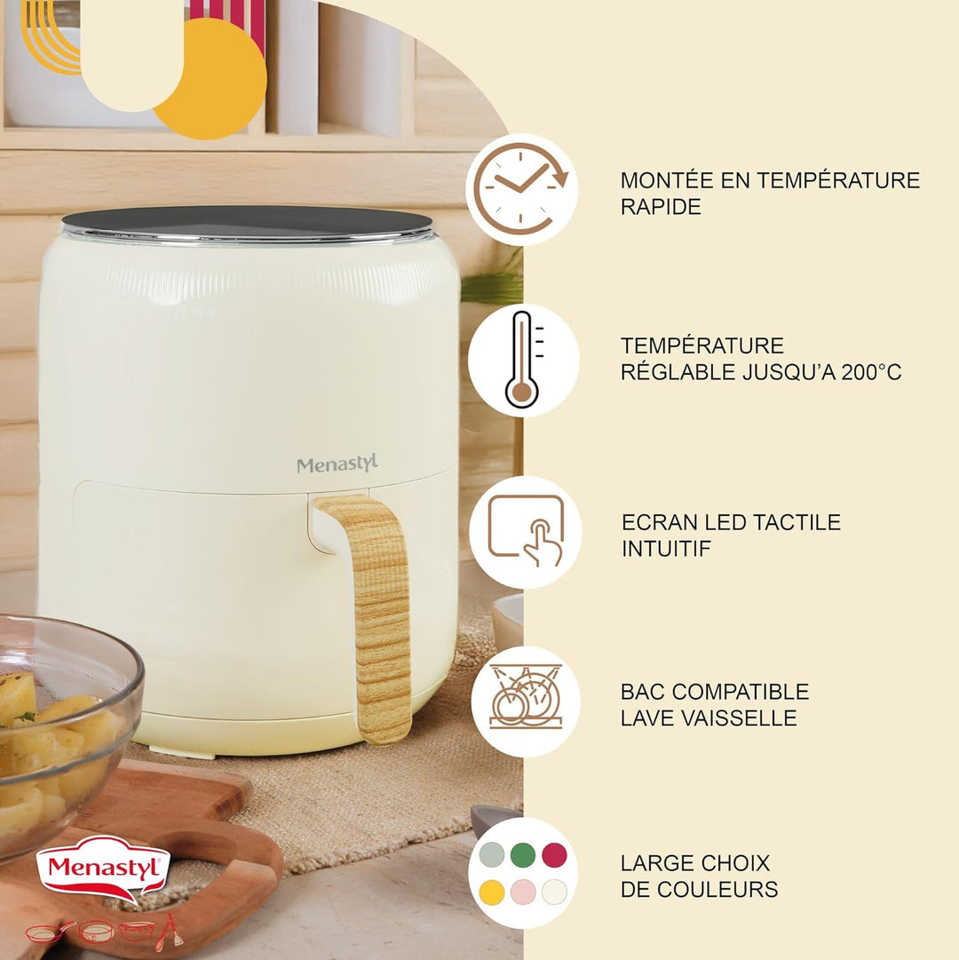 MENASTYL - Fritteuse ohne Heissluftöl Colorama – Creme – ohne PFAS – 4,5 l – 8 Programme – Temperatu