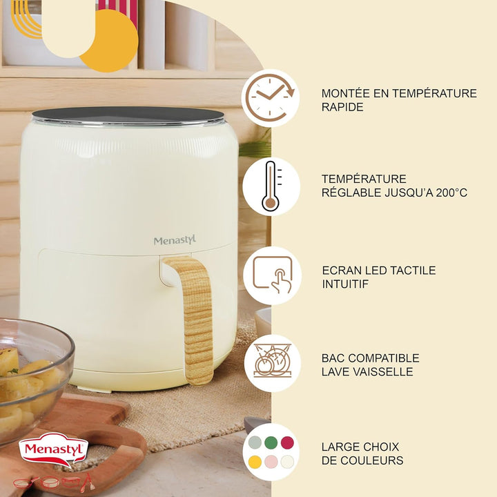 MENASTYL - Fritteuse ohne Heissluftöl Colorama – Creme – ohne PFAS – 4,5 l – 8 Programme – Temperatu