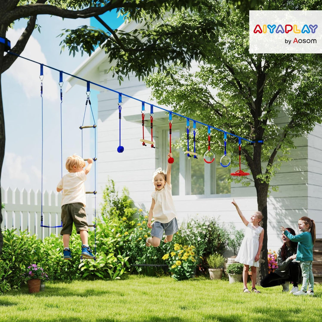 AIYAPLAY Ninja Line Kinder 10m Slackline Set mit Turnringe, Schaukel, Kletterleiter, Baumschutz, Kle