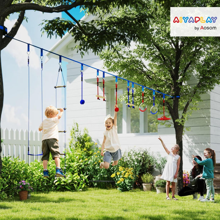 AIYAPLAY Ninja Line Kinder 10m Slackline Set mit Turnringe, Schaukel, Kletterleiter, Baumschutz, Kle