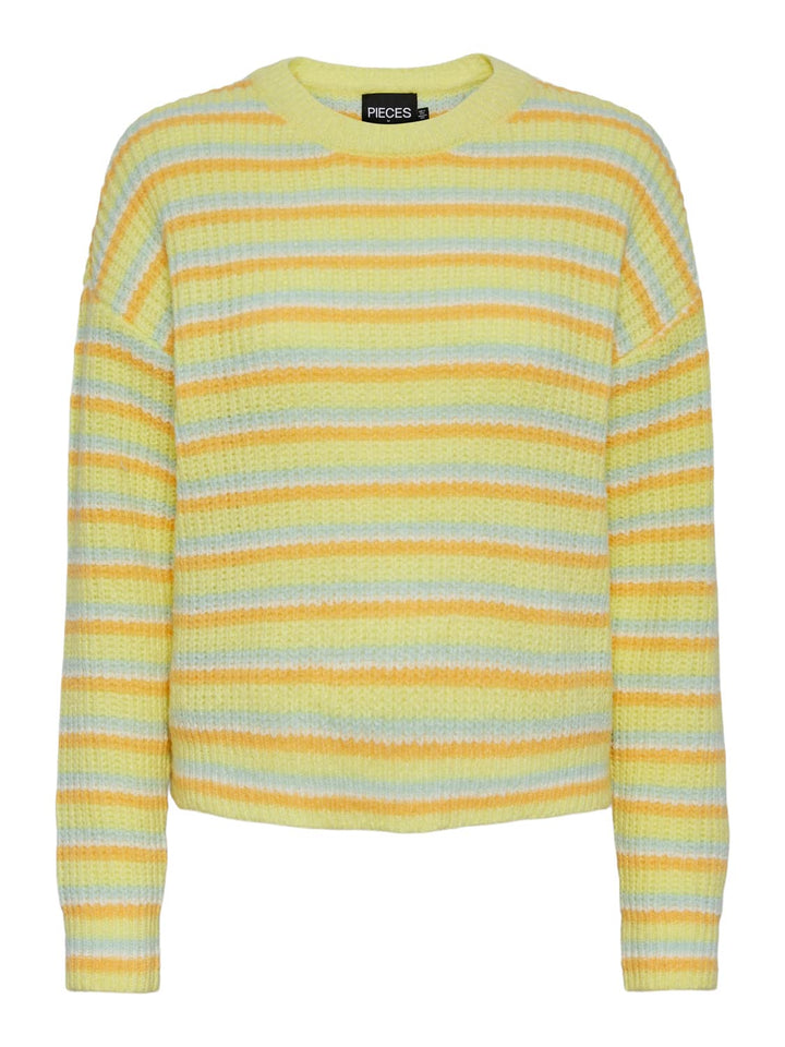 PIECES Damen Pcbina Ls O-Neck Knit Bc Strickpullover M Icy Morn/Stripes:cdan-flx-pale Lime Yellow, M