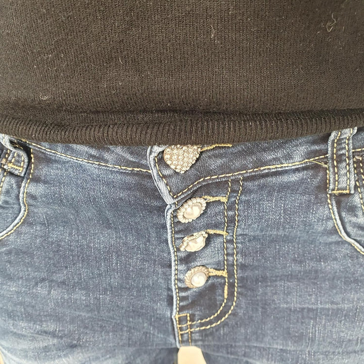 Jewelly Damen Boyfriend Stretch Jeans| Denim Hose für Frauen| 5-Pocket Bagggy Pants S Nice Buttons,