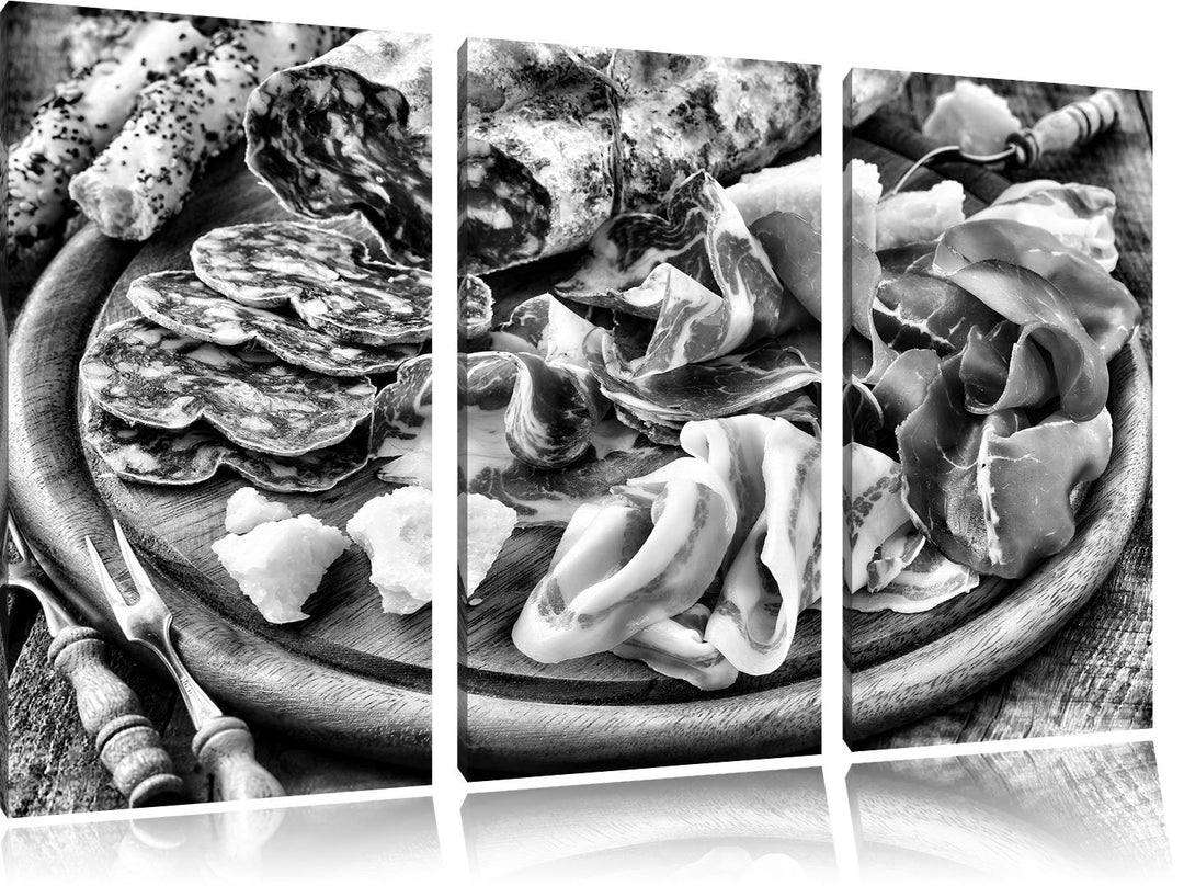 Pixxprint Brotzeit mit Wurst als Leinwandbild | Grösse: 3 Teilig (120x80) | Wandbild| Kunstdruck | f