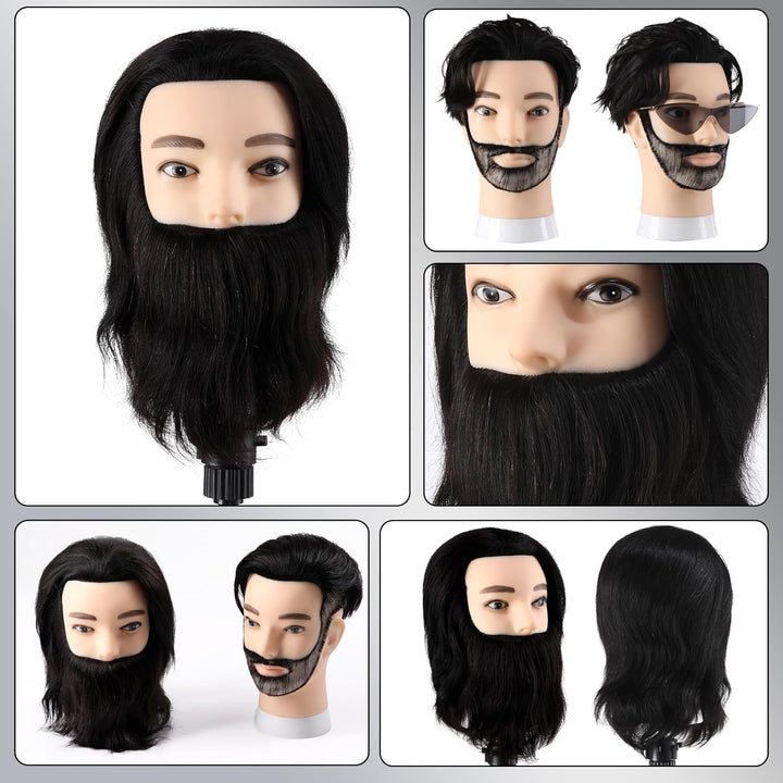 Mann Frisierkopf 100% Echthaar mit Bart Männlich Übungskopf Echthaar Friseur Kopf Puppenkopf Mannequ