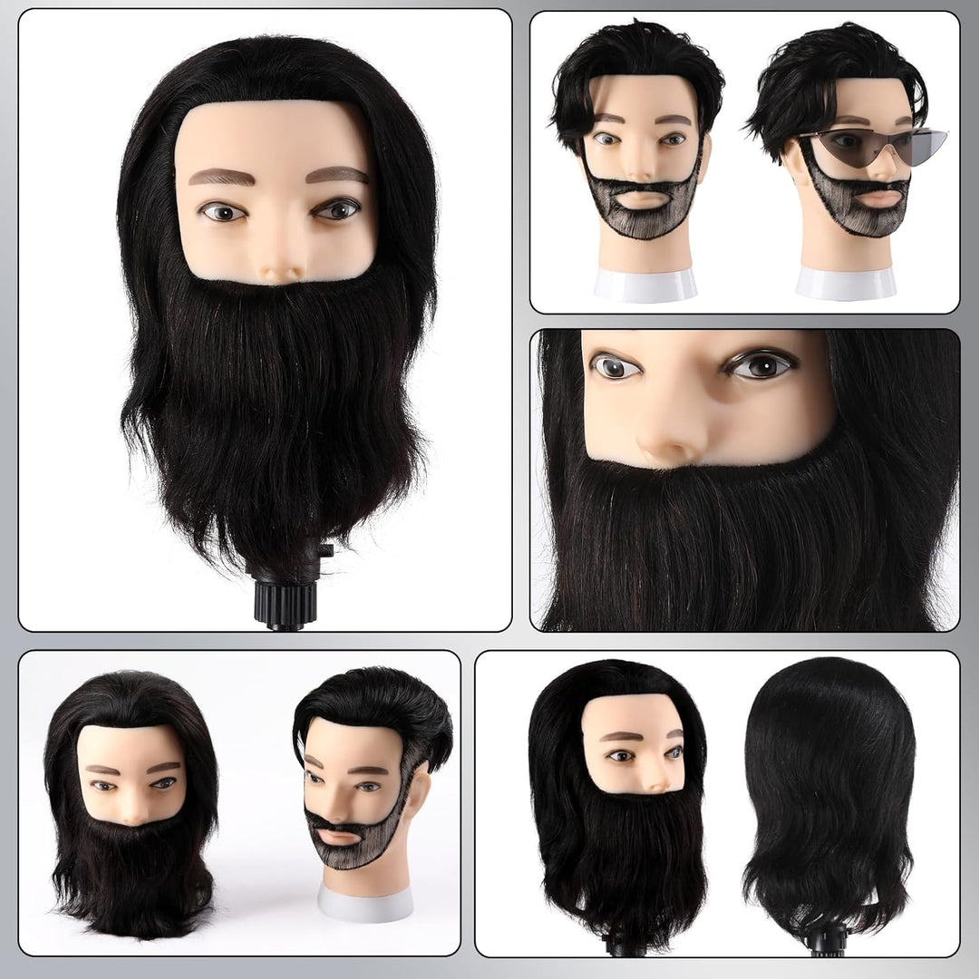 Mann Frisierkopf mit Ständer 100% Echthaar mit Bart Männlich Übungskopf Echthaar Friseur Kopf Puppen