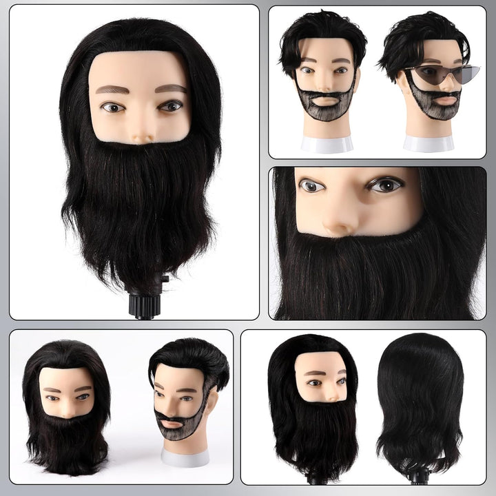 Mann Frisierkopf mit Ständer 100% Echthaar mit Bart Männlich Übungskopf Echthaar Friseur Kopf Puppen