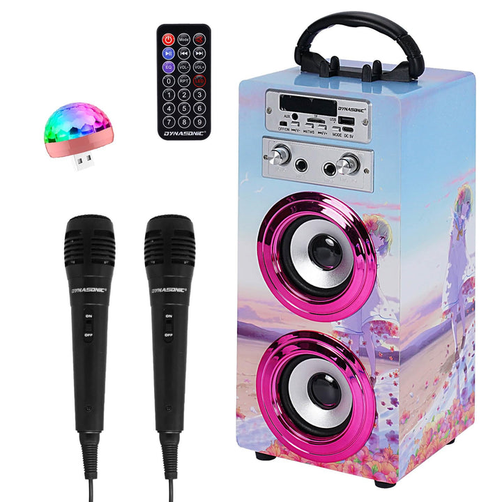 DYNASONIC Karaoke mit 2 Mikrofonen, tragbarer Karaoke-Maschine, Bluetooth-Lautsprecher, USB- und SD-