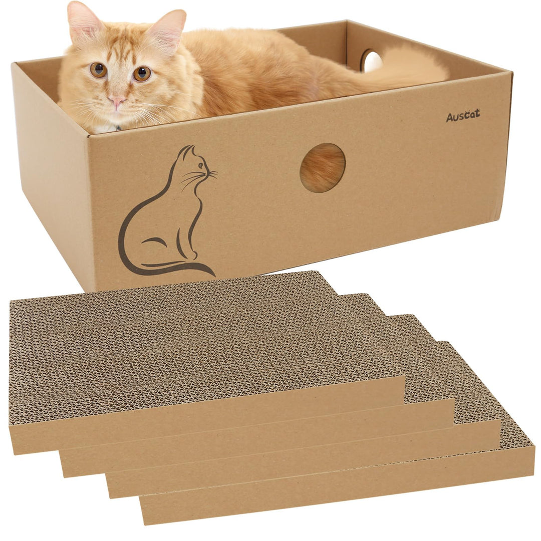 AUSCAT Kratzbrett Katze mit Box, 4 STK. Doppelseitige Kratzpappe für Katzen, Wellpappe Kratzbrett fü