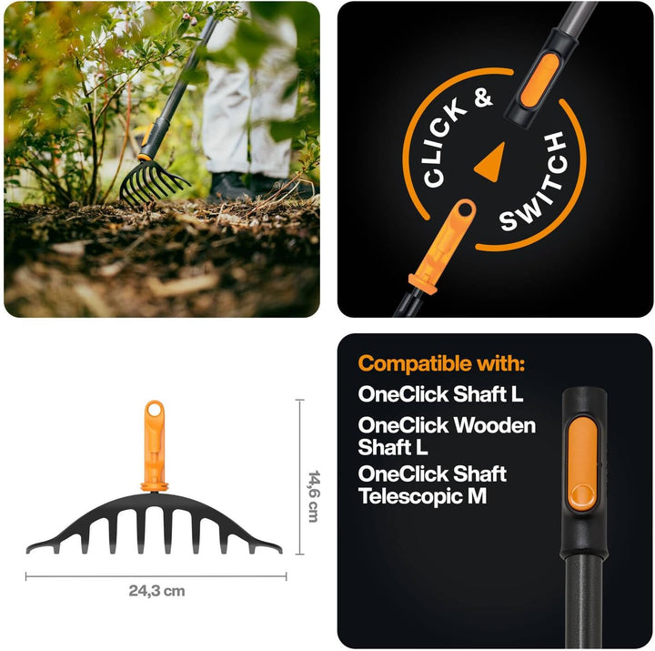 Fiskars OneClick Rosenrechen, Schmaler Rechen-Aufsatz für Enge Beete, Müheloses Wechseln mit nur ein