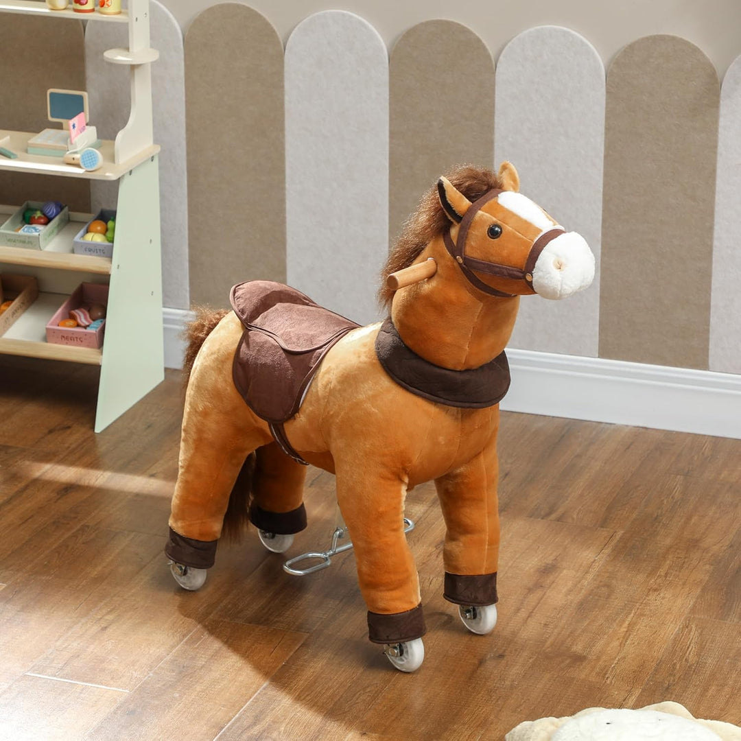 AIYAPLAY Reitpferd, Spielpferd zum Reiten mit Sattel Rollen, 75 cm Stehpferd, Plüschpferd für Kinder
