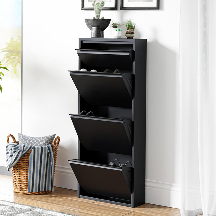 [en.casa] Schuhschrank Sokndal Schuhkipper Schwarz schmal Schuhkommode mit 3+1 Kippfächern Diele Flu