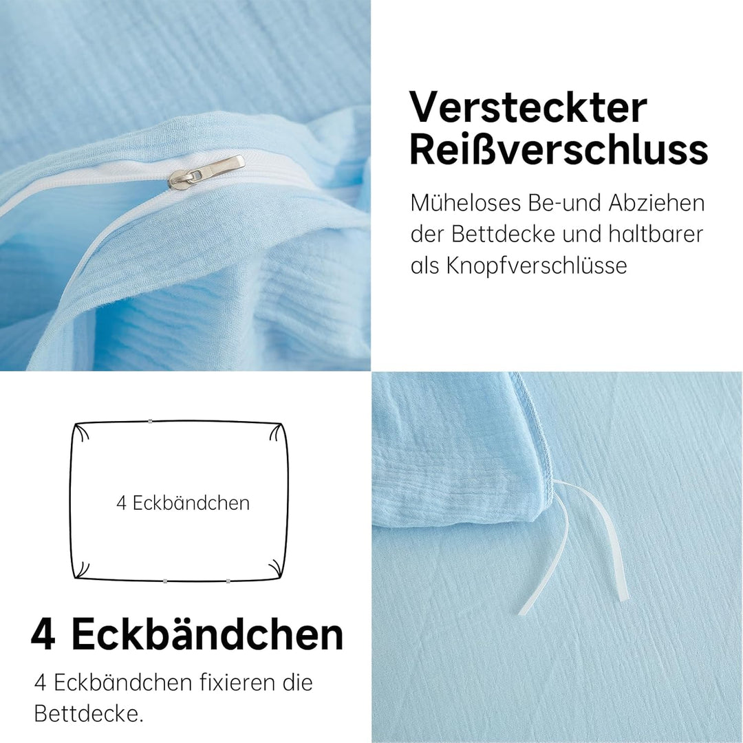 Boqingzhu Doppelte Muslin Bettwäsche 200×220 cm Blau Hellblau Baumwolle – Temperaturregulierend Atmu