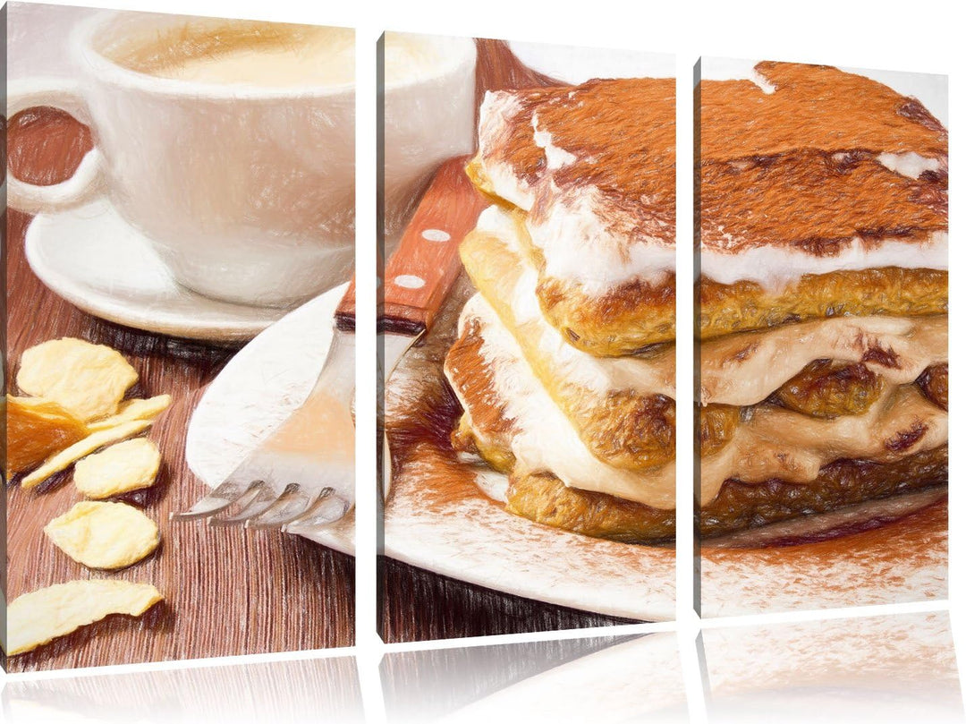 Pixxprint Leckeres Dessert mit Kaffee als Leinwandbild/Grösse: 3 Teilig (120x80) cm/Wandbild/Kunstdr