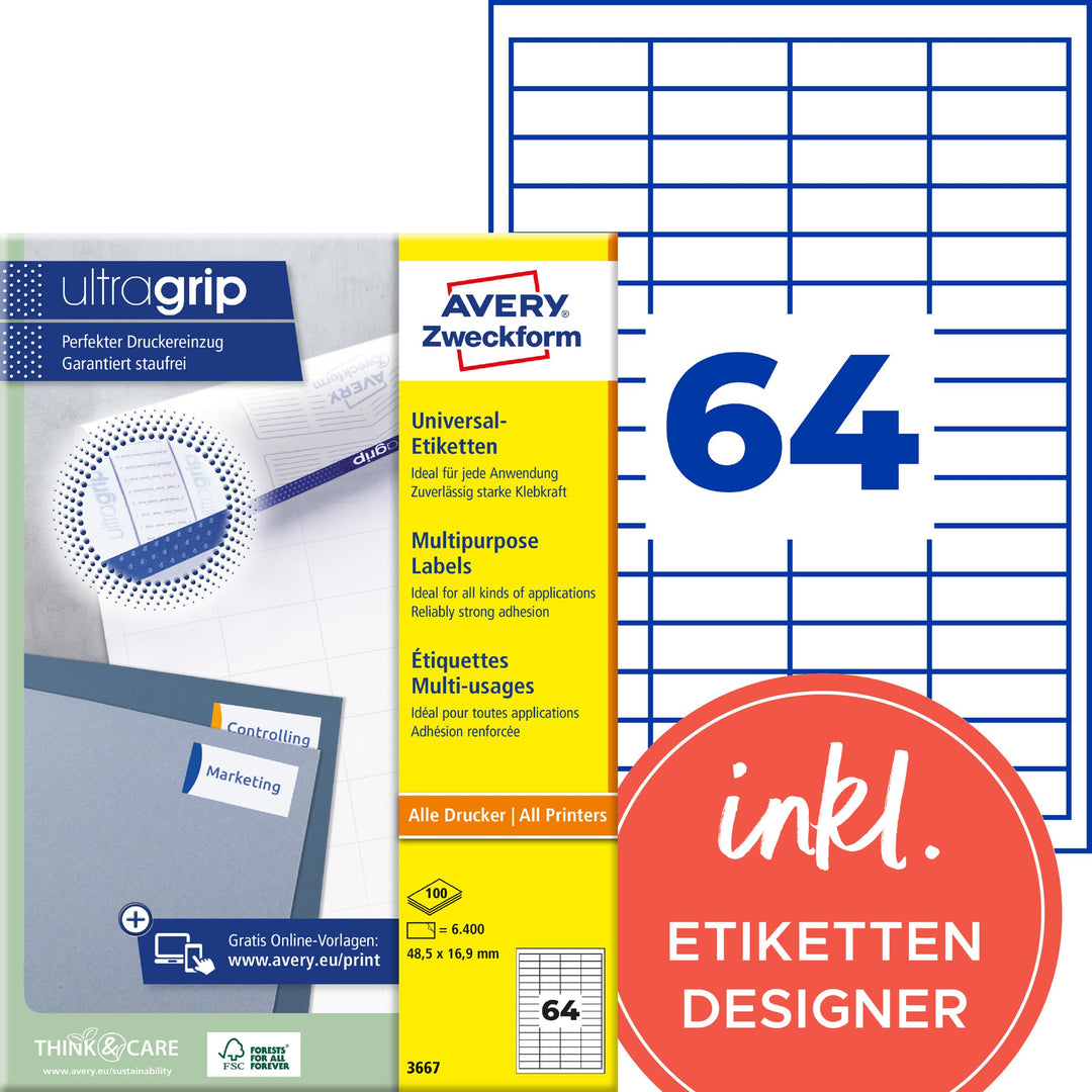 AVERY Zweckform 3667 Universal Etiketten (6.400 Klebeetiketten, 48,5x16,9mm auf A4, Papier matt, ind