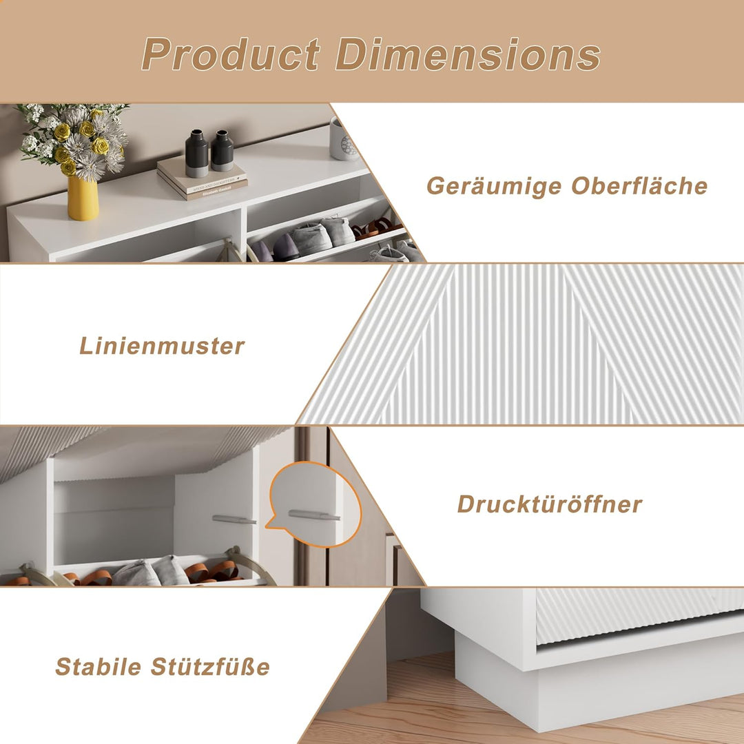 UEV Schuhschrank mit 4 Klappen schmal, Drucktüröffner Push to Open, Schuhkommode mit Kippschutz, Sch
