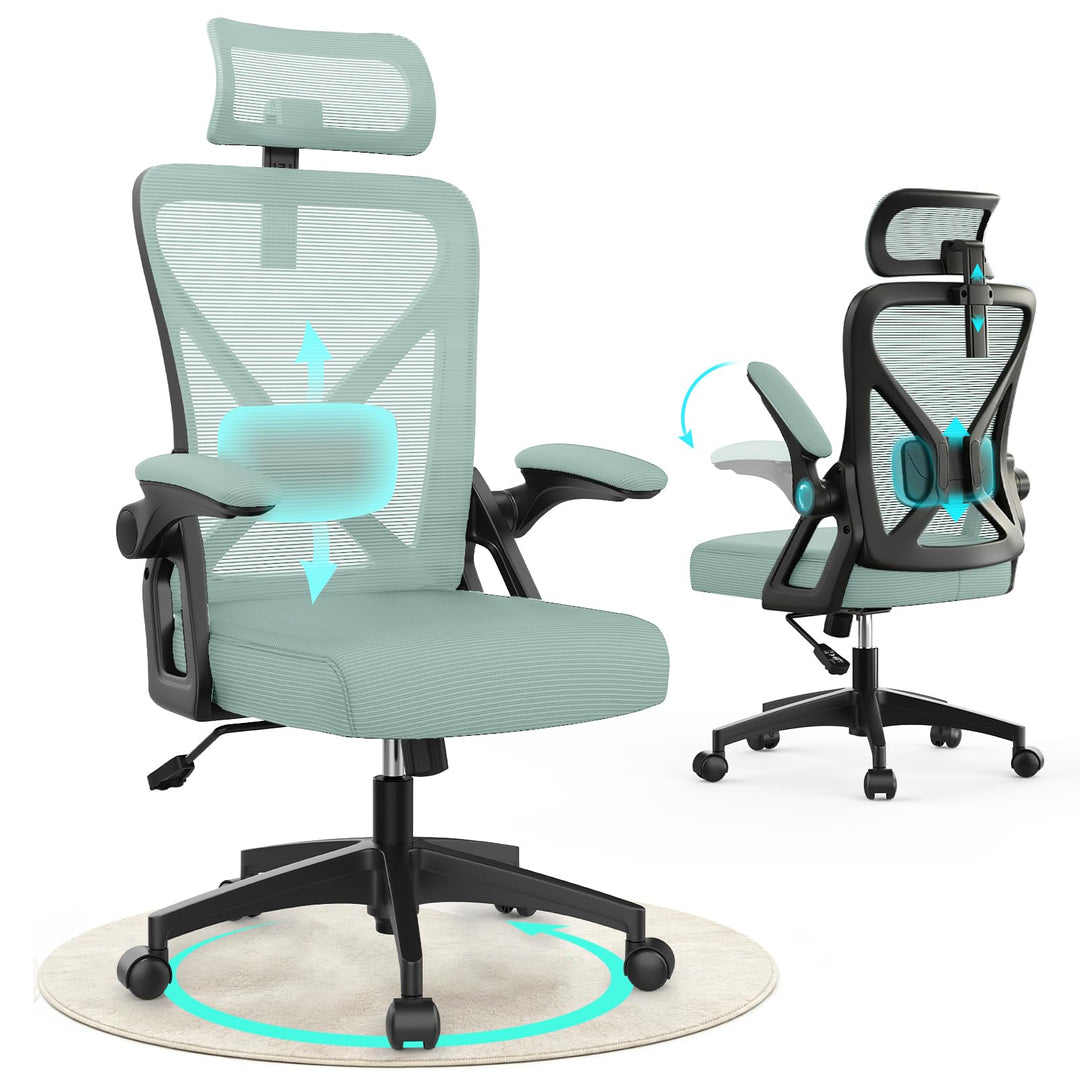 Bürostuhl, ergonomischer Schreibtischstuhl mit gepolsterter Lendenwirbelstütze und hochklappbaren Ar