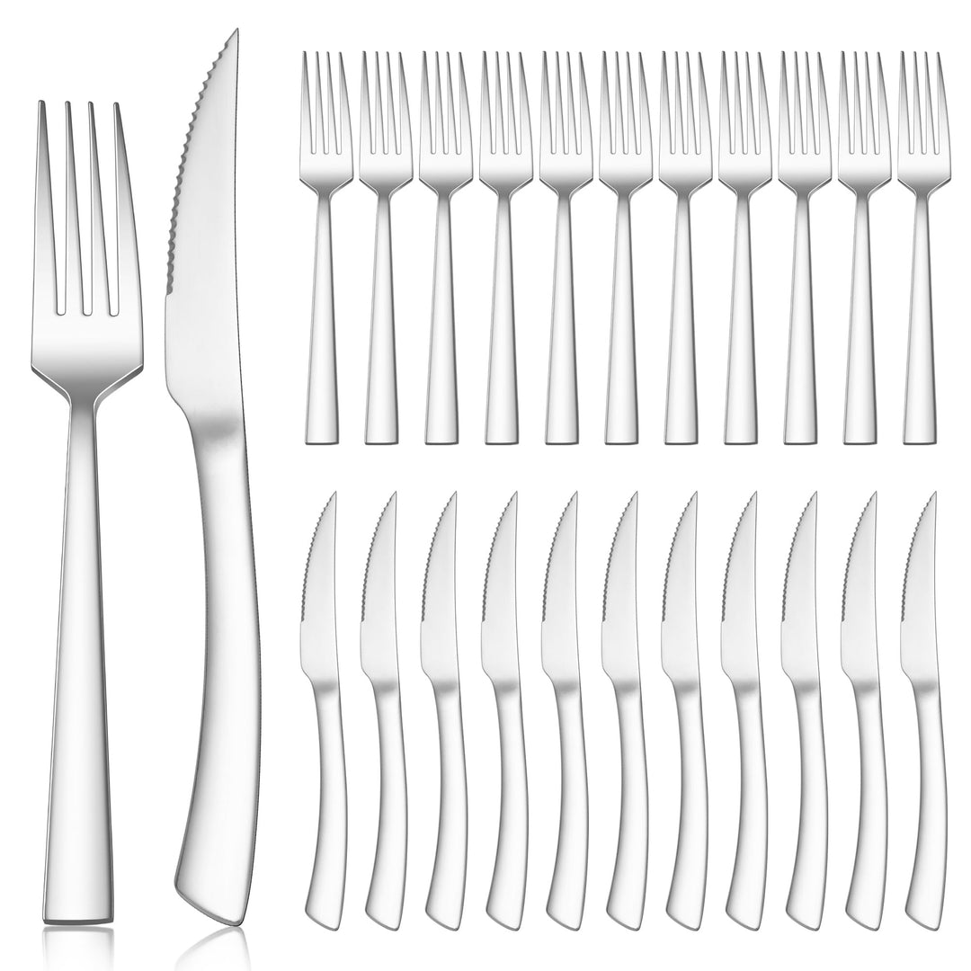Herogo Steakbesteck Set, 24-teilig Edelstahl Messer und Gabel Set für 12 Personen, Silber Besteck St