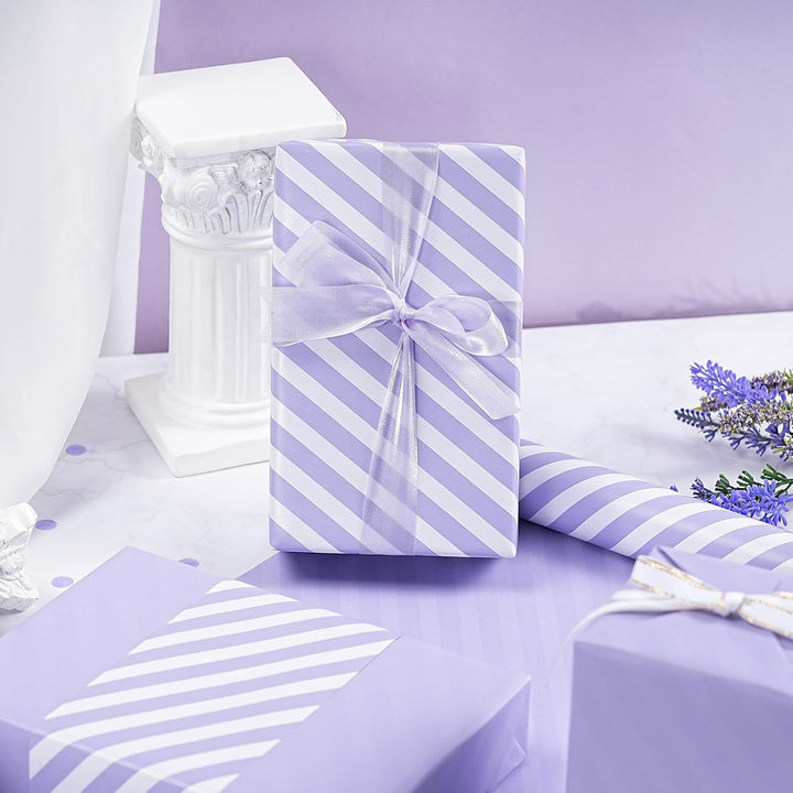 WRAPAHOLIC 76,2 cm wendbares lila Geschenkpapier – Jumbo-Rolle lila und gestreiftes Design für Gebur