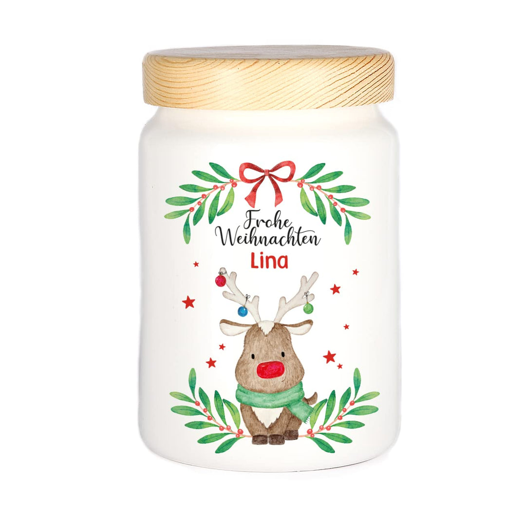 Herz & Heim® Keksdose personalisiert mit Ihrem Wunschnamen zu Weihnachten für Ihre Plätzchen (Elch),